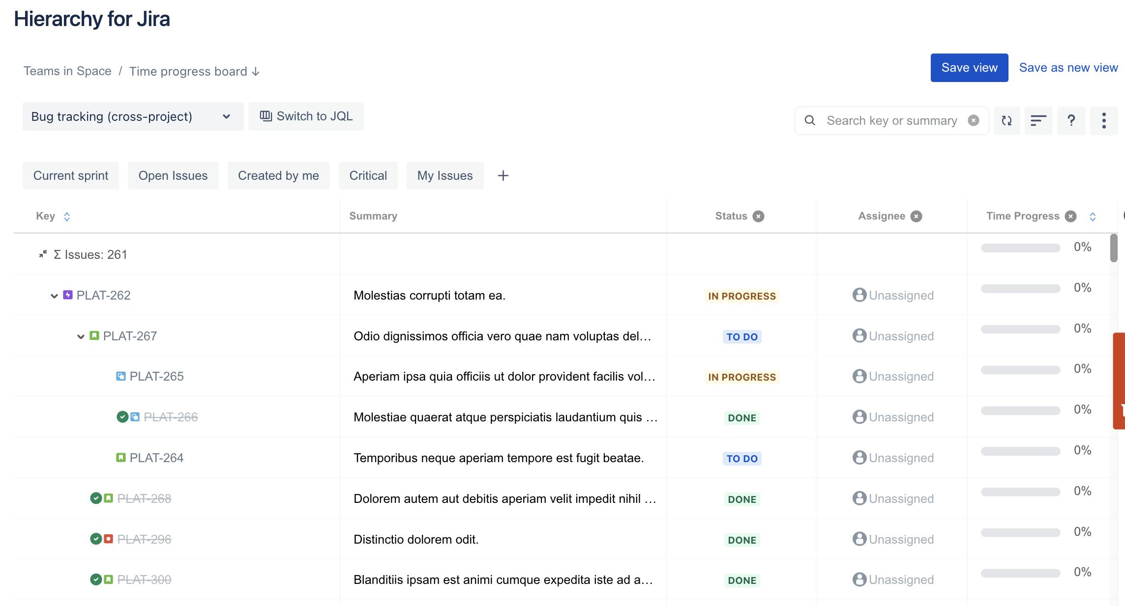 Screenshot of issues within Jira