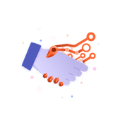 Illustration of a human hand shaking a robotic hand