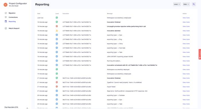 Project Configurator for Jira Cloud - Reporting Screen