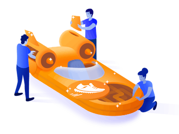 Three colleagues assemble a hovercraft together