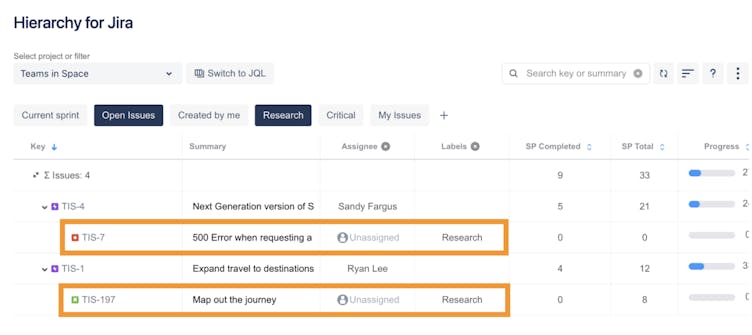 Screenshot showing how to assign issues to the best-suited members using Jira Quick Filters