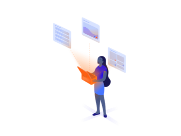 Illustrated woman looking at technology app screens above her head