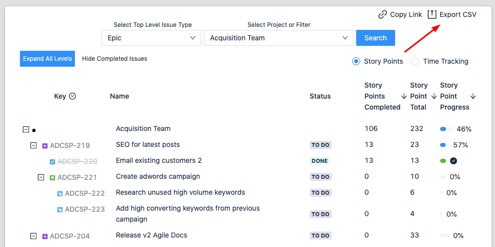 Arrow pointing to "export CSV" in Jira