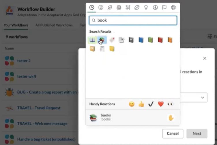 Screenshot showing how to choose your emoji reaction in the Workflow Builder