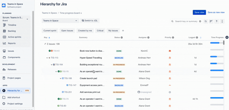 GIF showing how to introduce cross project views and measure progress bar to your agile project management in Jira.