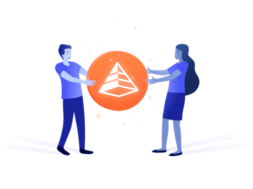 Man and woman holding an orange circle with a white pyramid logo in it