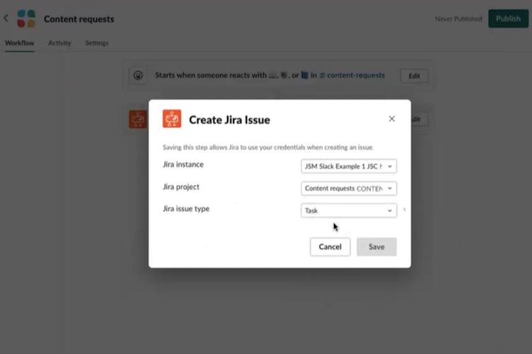 Screenshot showing how to select your Jira project and type
