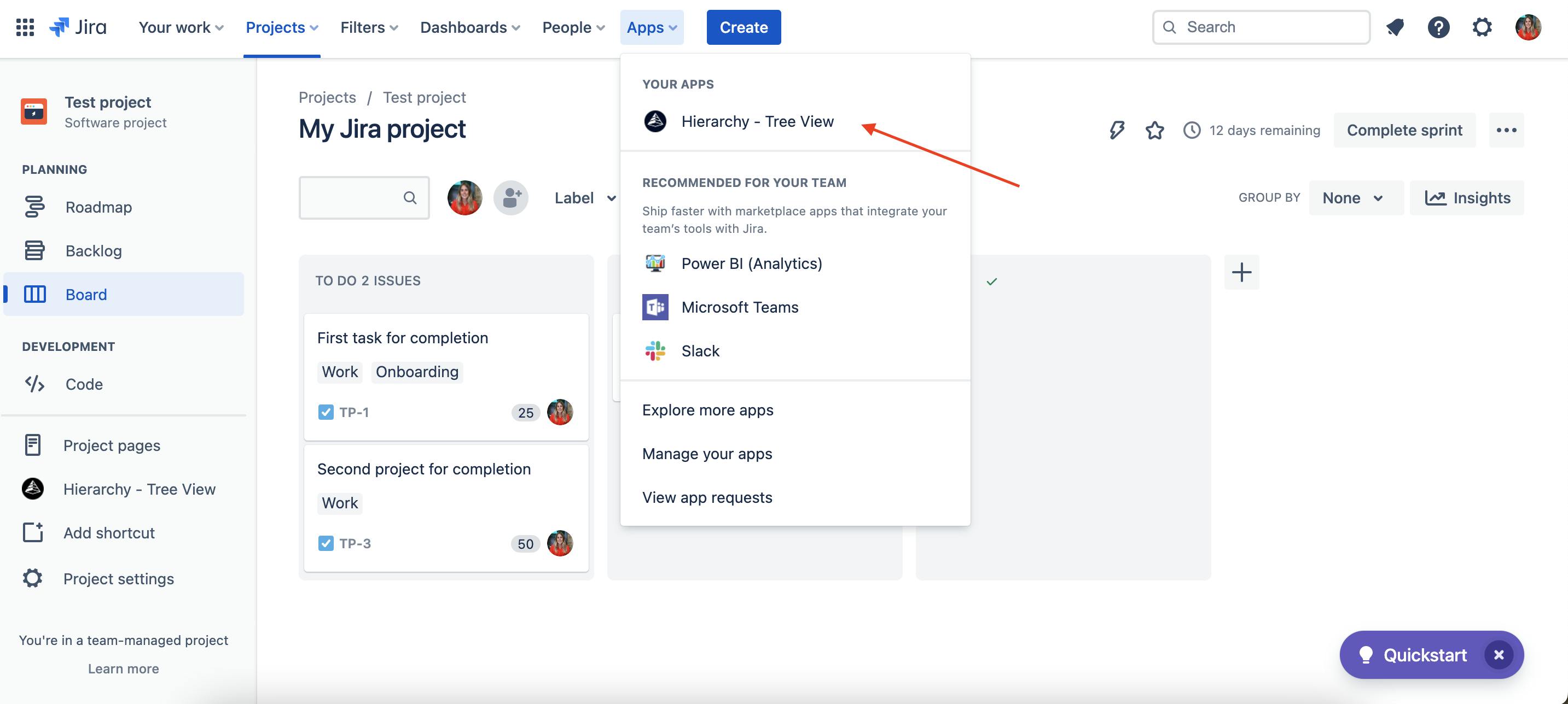 Screen showing apps within Jira
