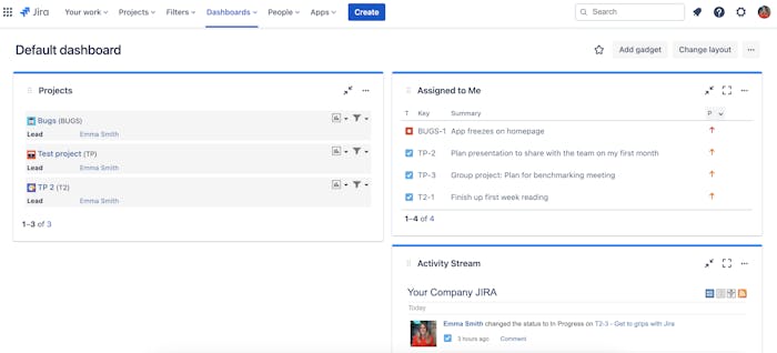 Screenshot of a default Jira dashboard