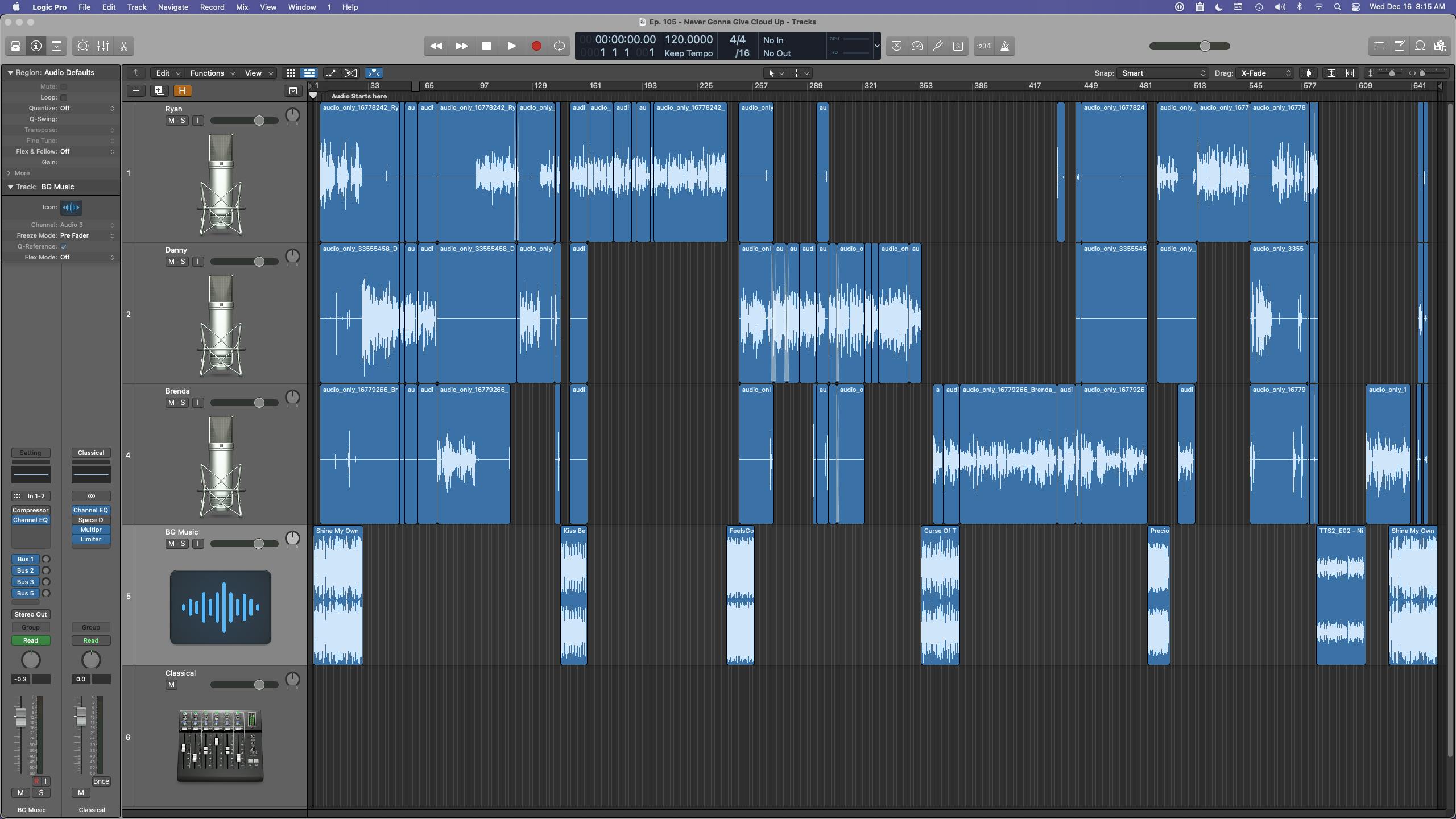 This is what Episode 105 looks like in Logic Pro X. 