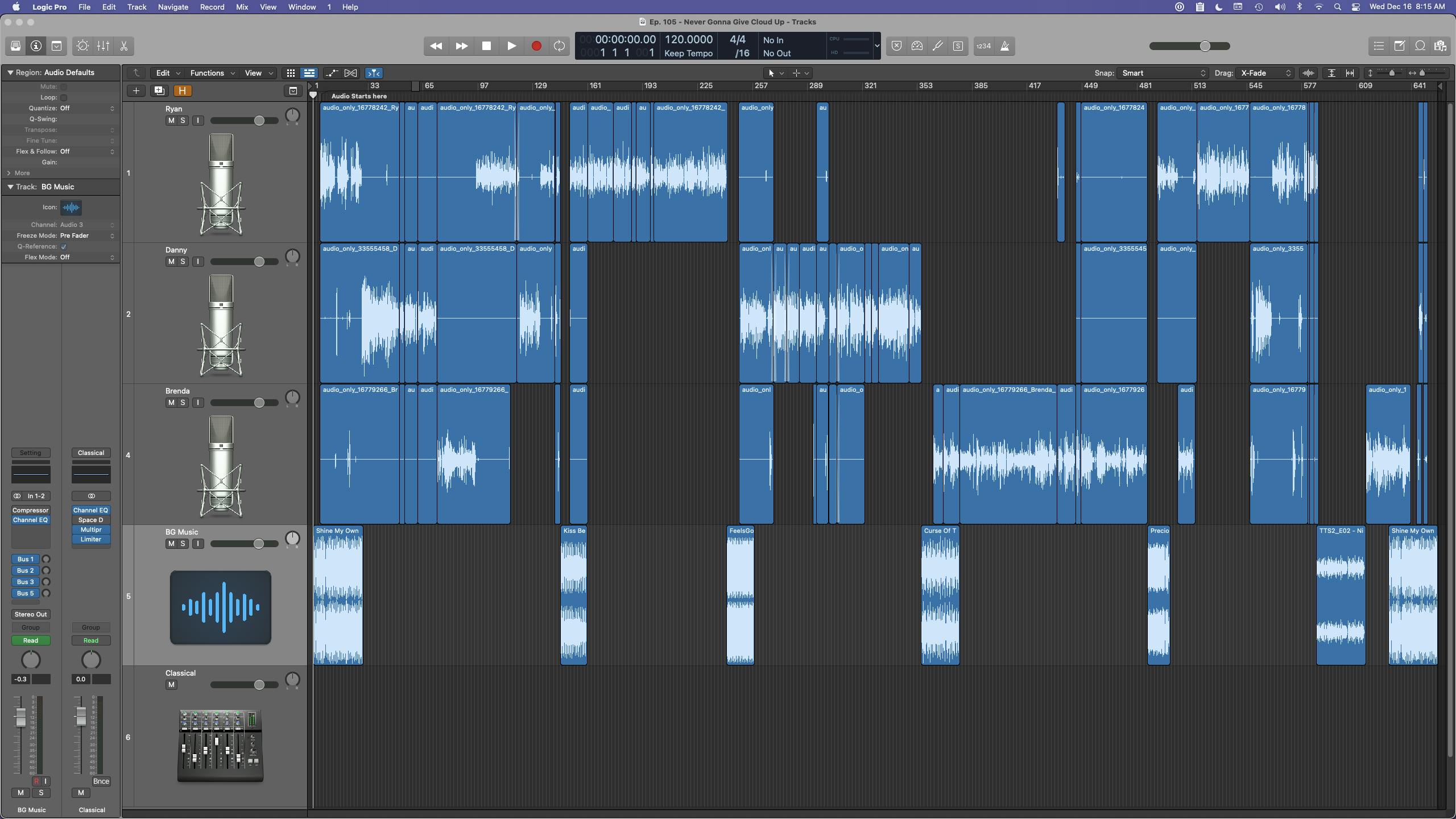 This is what Episode 105 looks like in Logic Pro X.