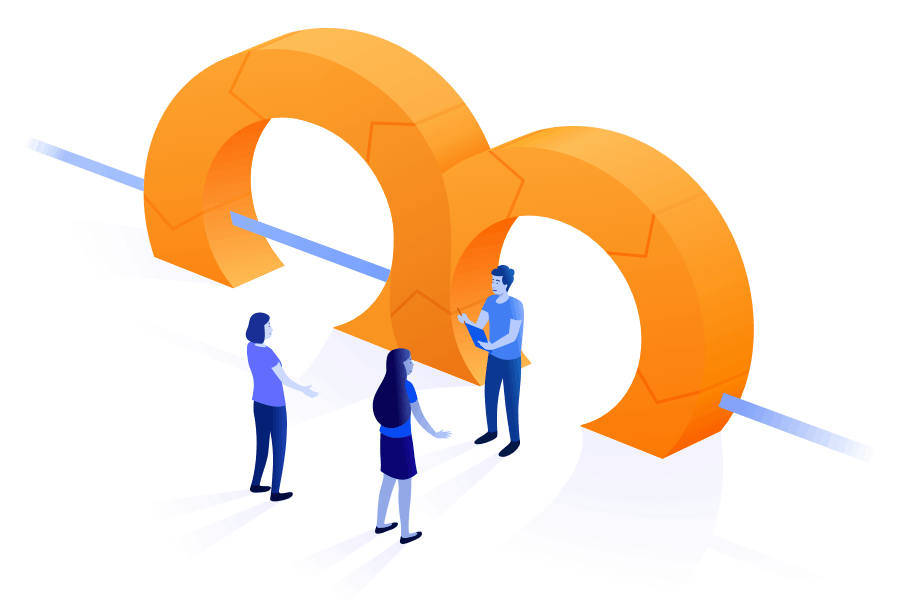 Man standing under orange arches with clipboard in front of two other people