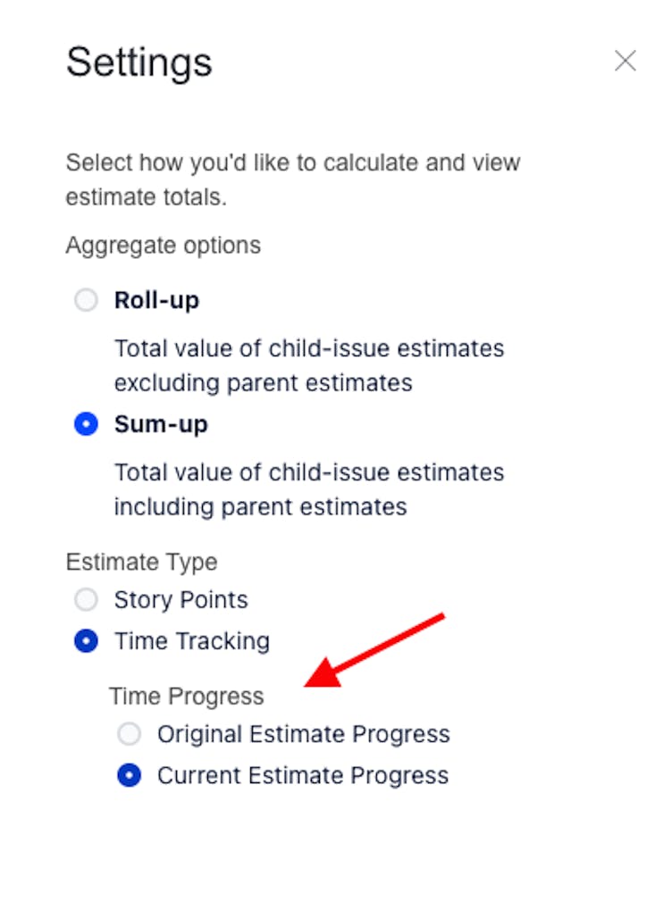 Screenshot showing how to select time tracking options in Jira