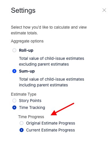 Screenshot showing how to select time tracking options in Jira