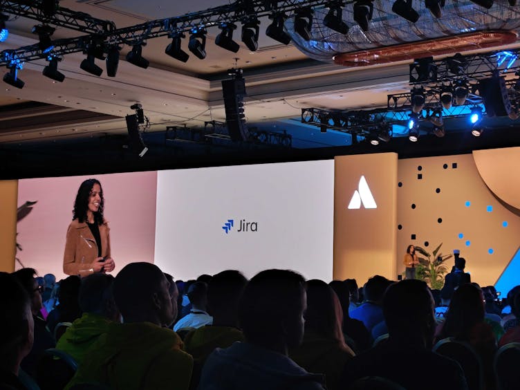 Anu Bharadwaj from Atlassian onstage at Team '24 announcing new Jira