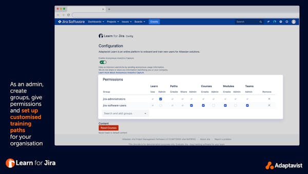 screenshot of Learn for Jira showing control and visibility