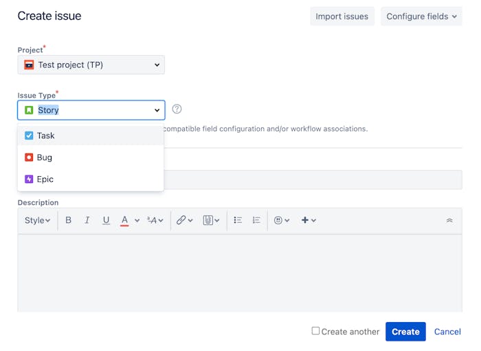 Jira create issue screen showing issue type dropdown