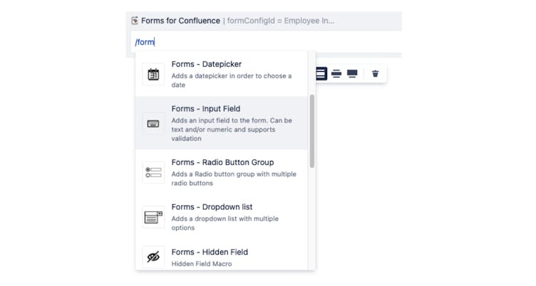 Screenshot showing how to use Forms for Confluence macro