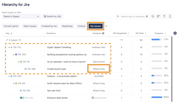 Screenshot showing Quick Filters in Hierarchy for Jira