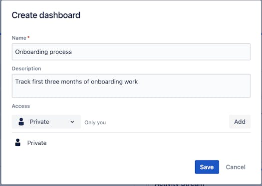 Screenshot of 'create dashboard' screen in Jira Cloud