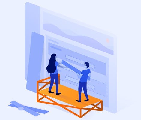 People on a platform adding abstract design blocks to a large Confluence screen