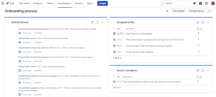 Screenshot of a customised Jira dashboard