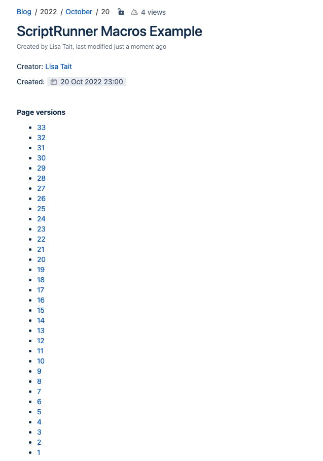 Screenshot of Page Info macro in use