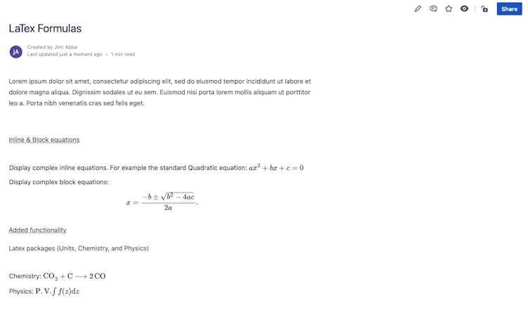 Mathematics formulas on a Confluence page