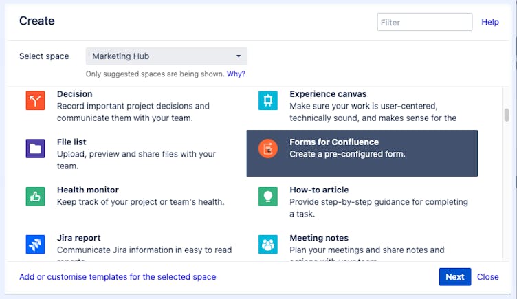 Screenshot of Confluence template library