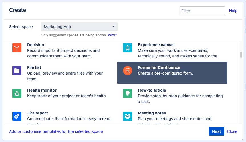 Screenshot of Confluence template library