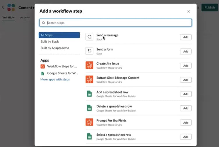 Screenshot showing available workflow steps