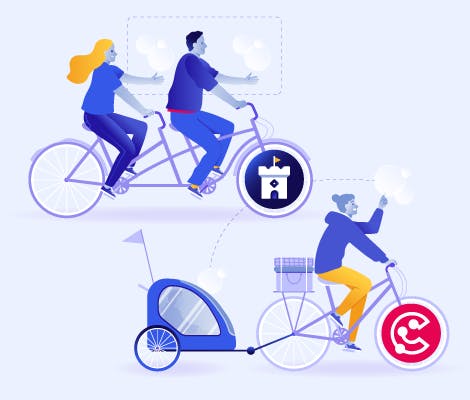 People on bicycles with the Watchtower and ScriptRunner Connect icons as the front wheels