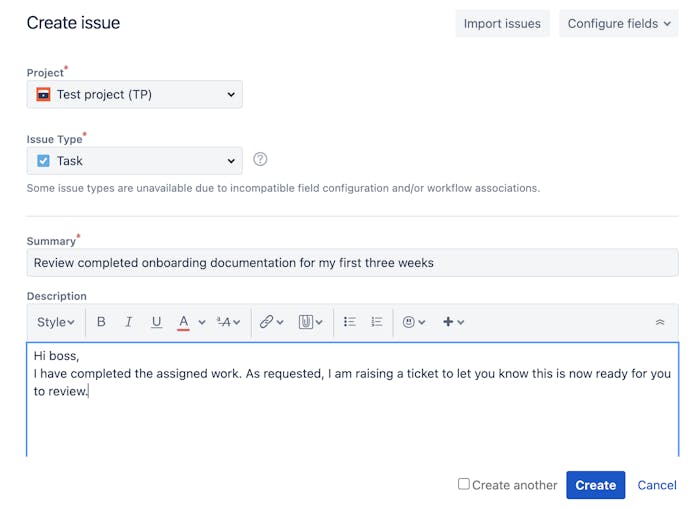 Jira issue created with text