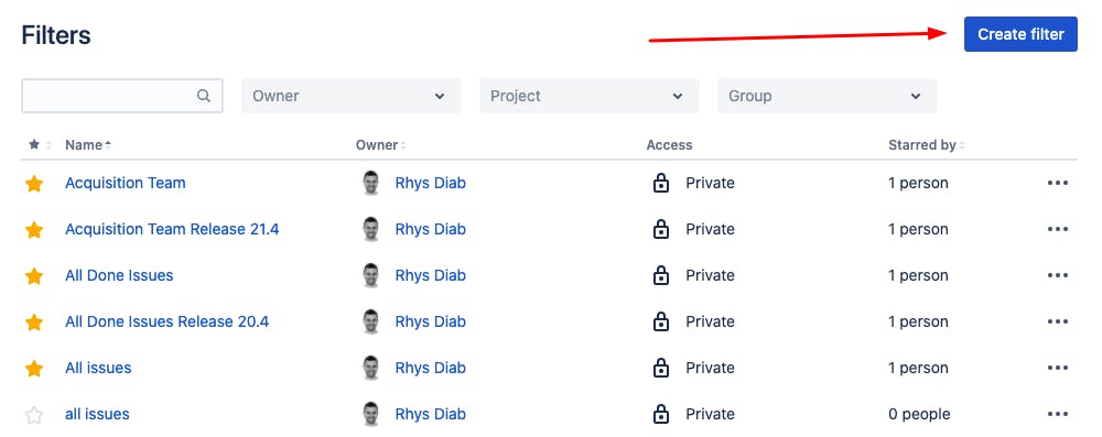 Inside Jira with arrow pointing to "create filter" button