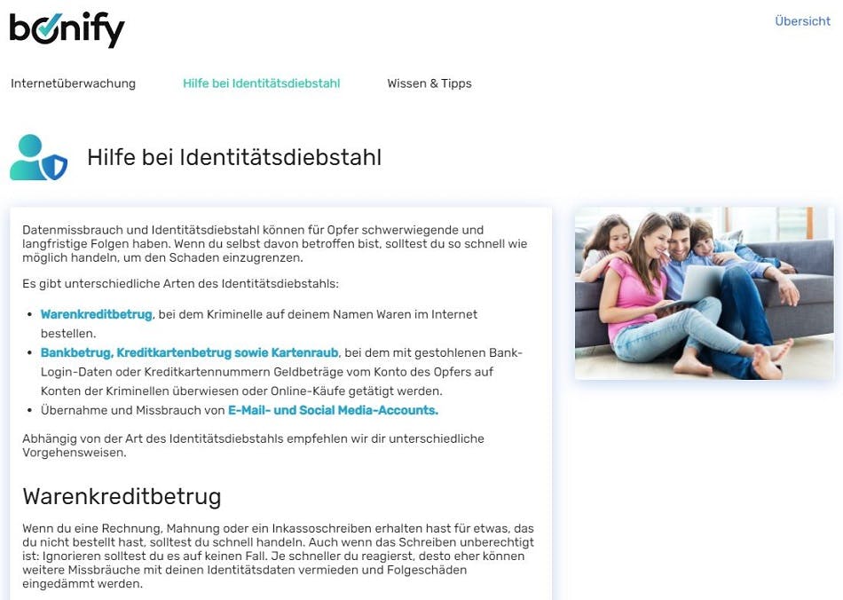 Screenshot | bonify IdentProtect-Portal Übersicht Hilfe bei Identitätsdiebstahl