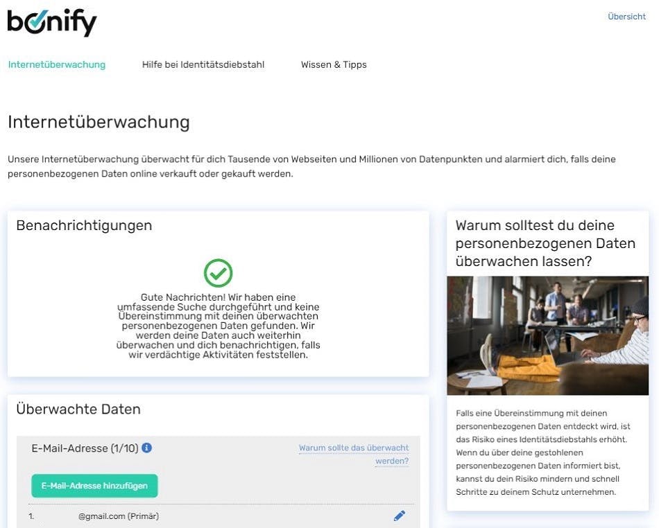 Screenshot | bonify IdentProtect-Portal Übersicht Internetüberwachung