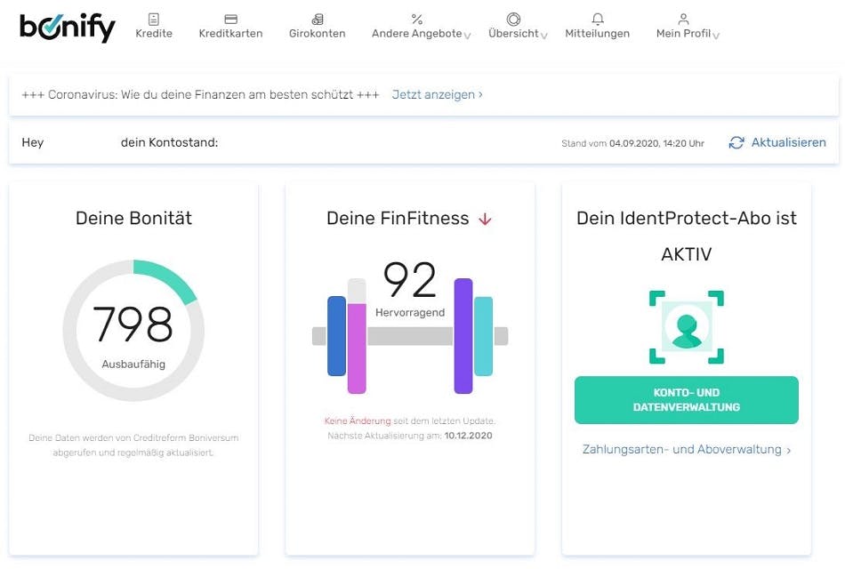 Screenshot | bonify-Nutzerkonto mit aktiviertem bonify IdentProtect-Abo