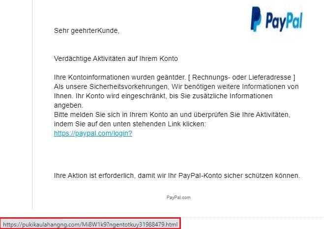 Beispiel einer PayPal-Phishing-Mail mit manipuliertem Link