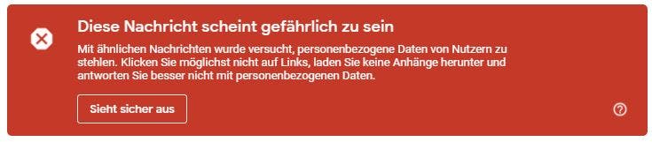 Sicherheitswarnung von gmail.com bei einer Phishing-Mail - Screenshot