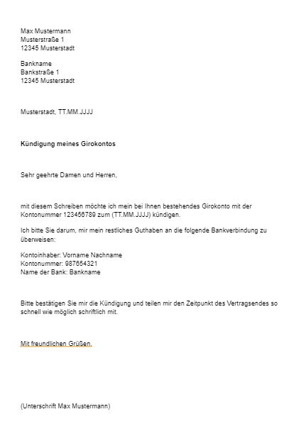 Girokonto kündigen Vorlage