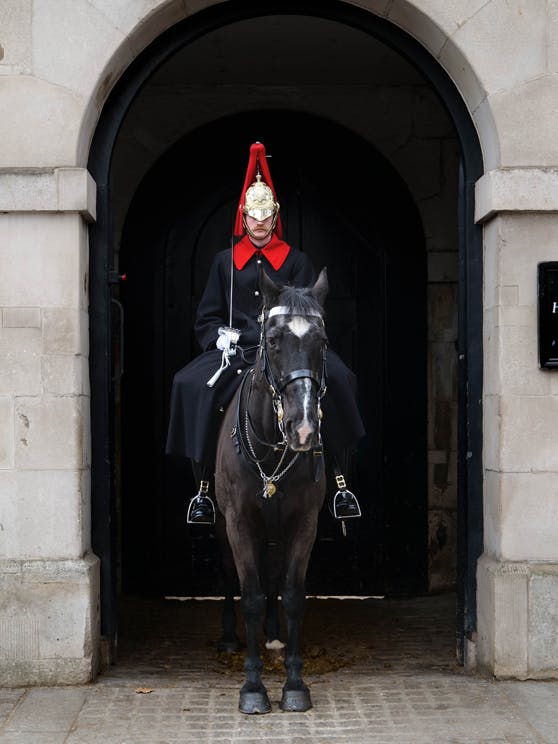 A guard wearing a long black coat with a red collar and a gold and red helmet sitting on a horse under an archway.