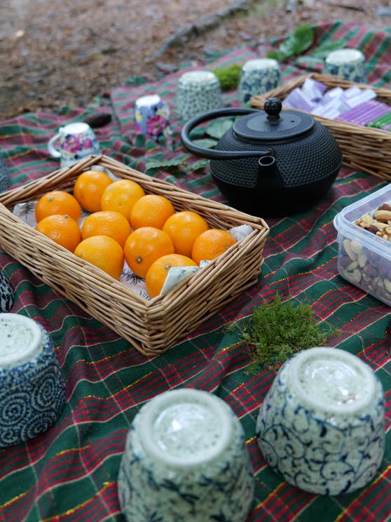 Picnic blanket with oranges, a black tea pot and patterned tea cups placed on top.
