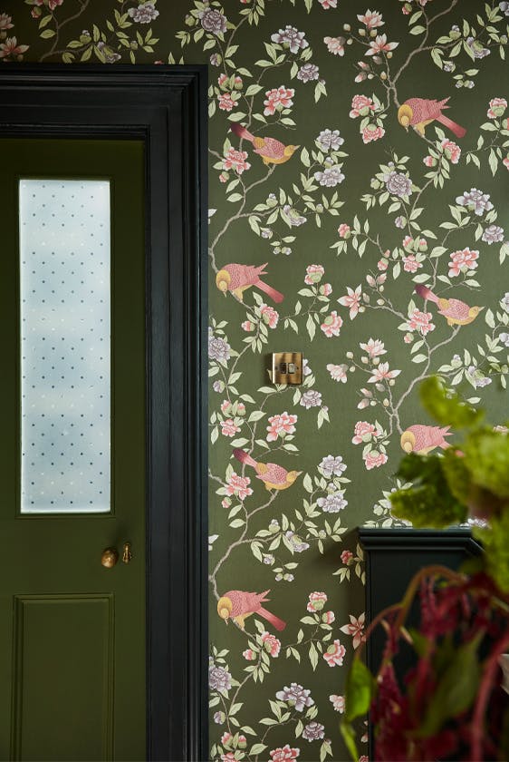 Close up of the dark green floral wallpaper 'Aderyn - Olive Colour' on a wall, with a co-ordinating green door on the left.
