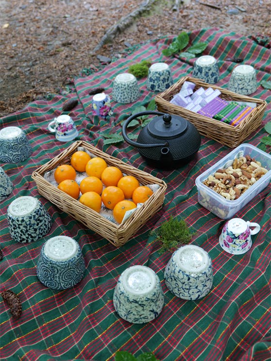 Picnic blanket with oranges, a black tea pot and patterned tea cups placed on top.
