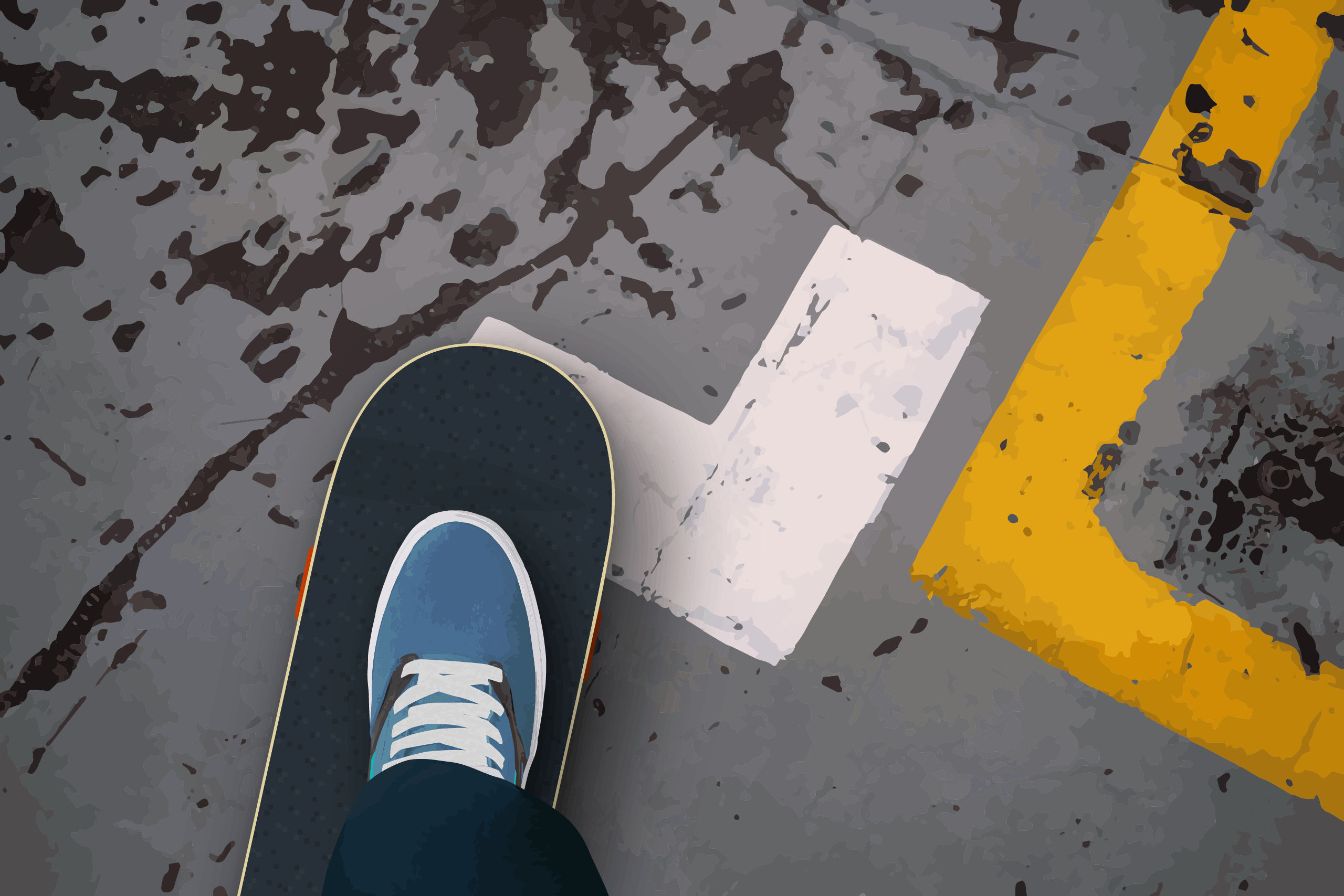Skateboarding on an old industrial concrete floor illustration by Xavier Wendling.