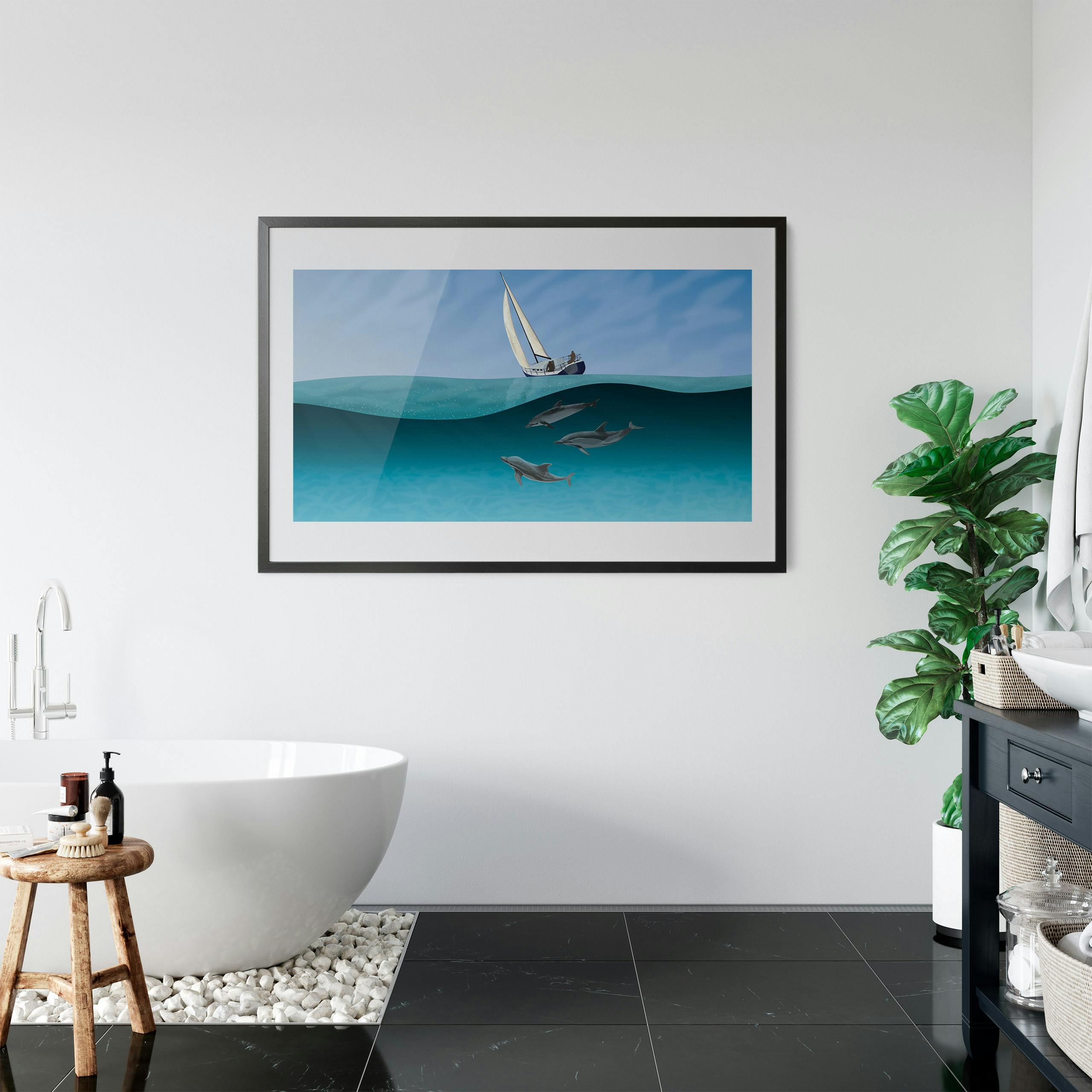 Dolphins chasing a sailboat, Split water illustration by Xavier Wendling. Frame mockup.