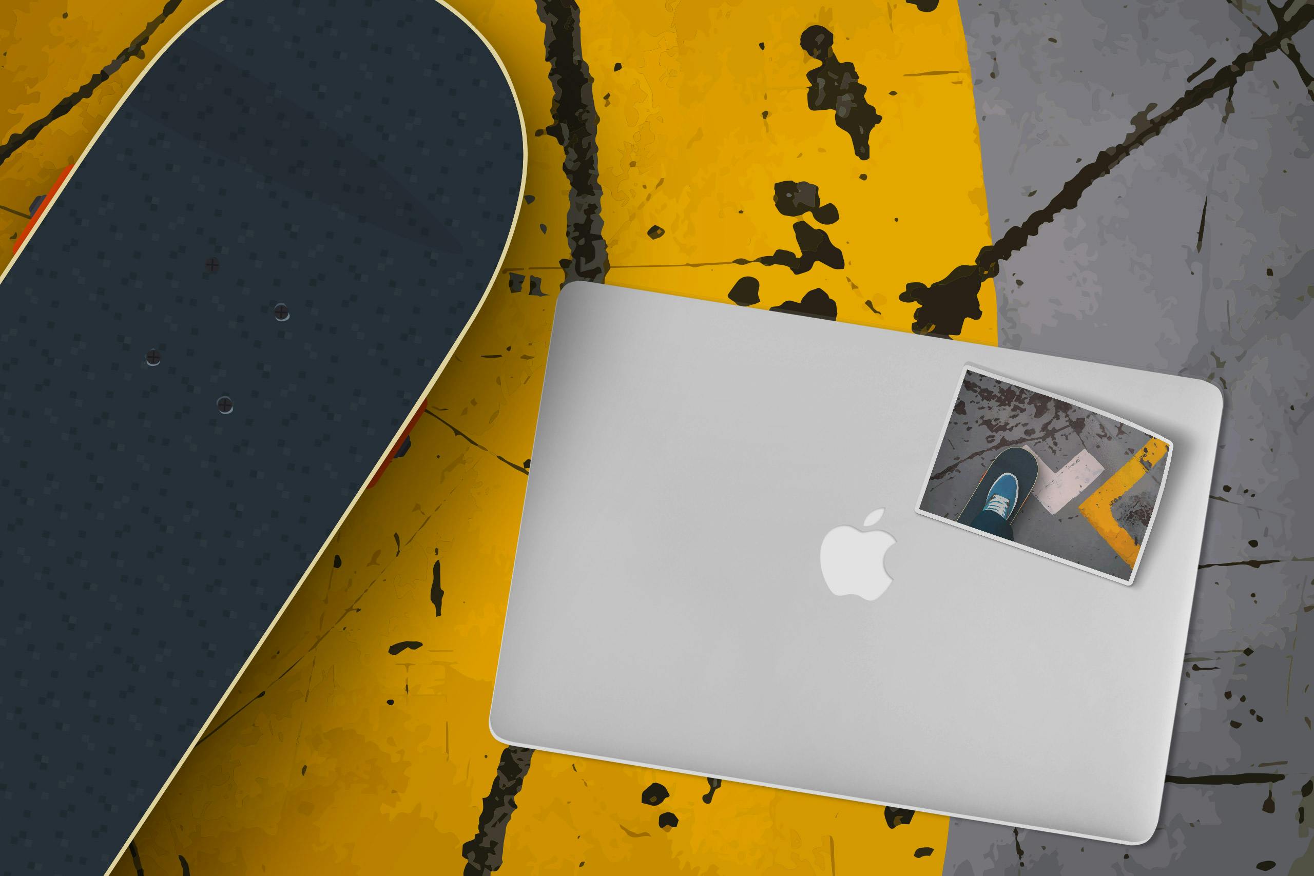 Skateboarding on an old industrial concrete floor illustration by Xavier Wendling. Composition material to promote my print-on-demand stickers.