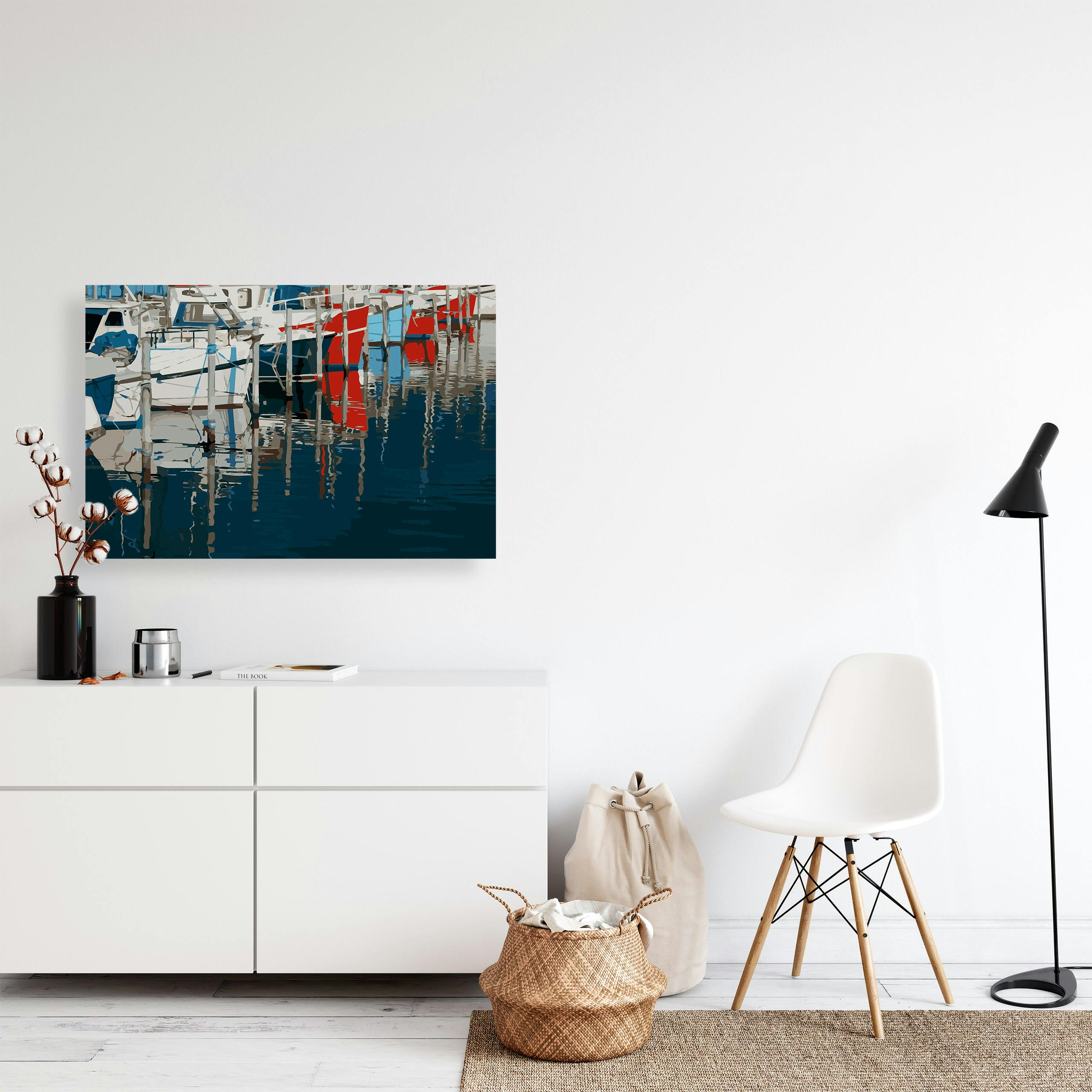 Skagen harbour reflections, photography and illustration by Xavier Wendling. Wall art mockup.