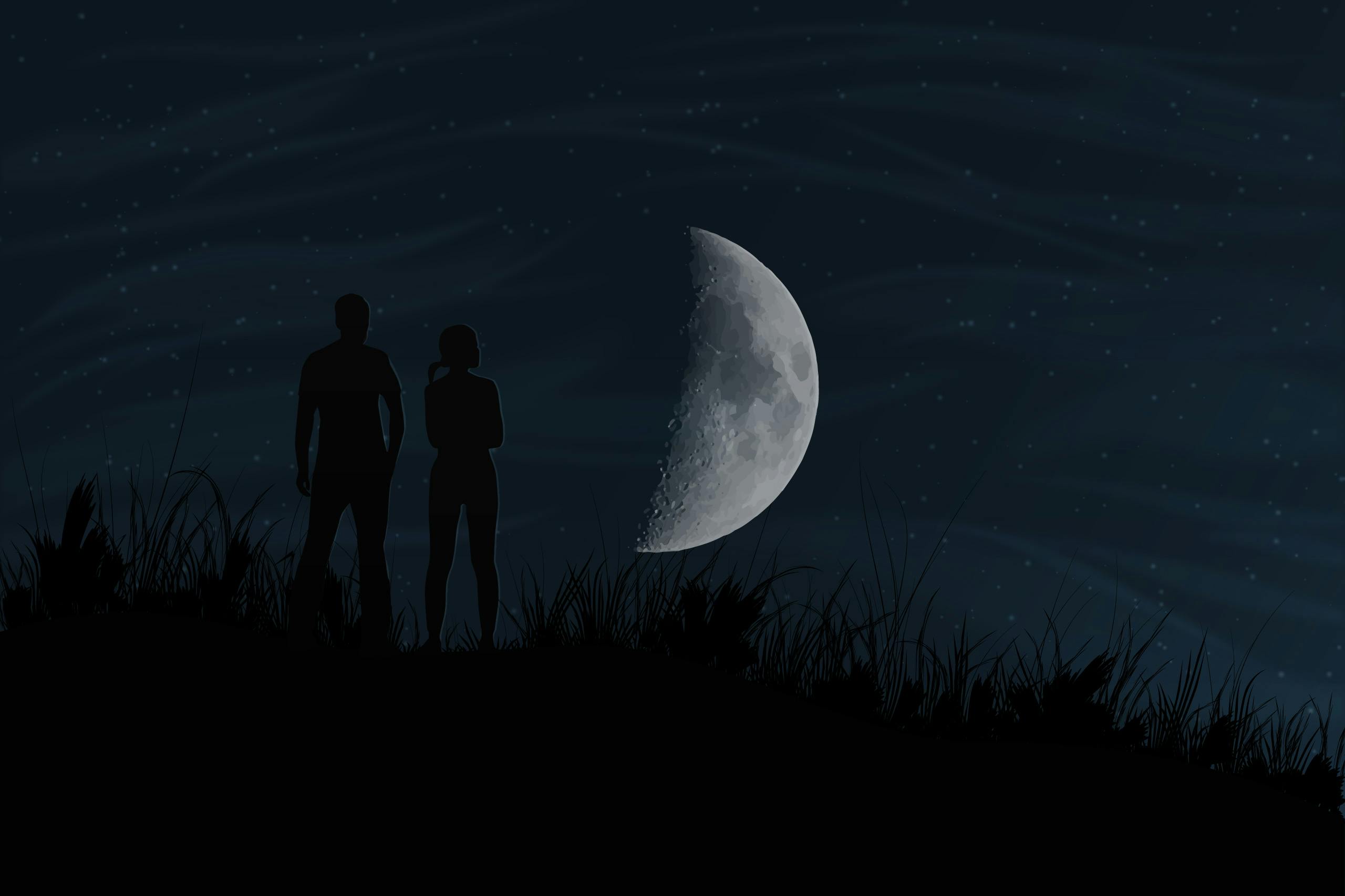 Sporty couple admiring a super moon silhouette illustration by Xavier Wendling