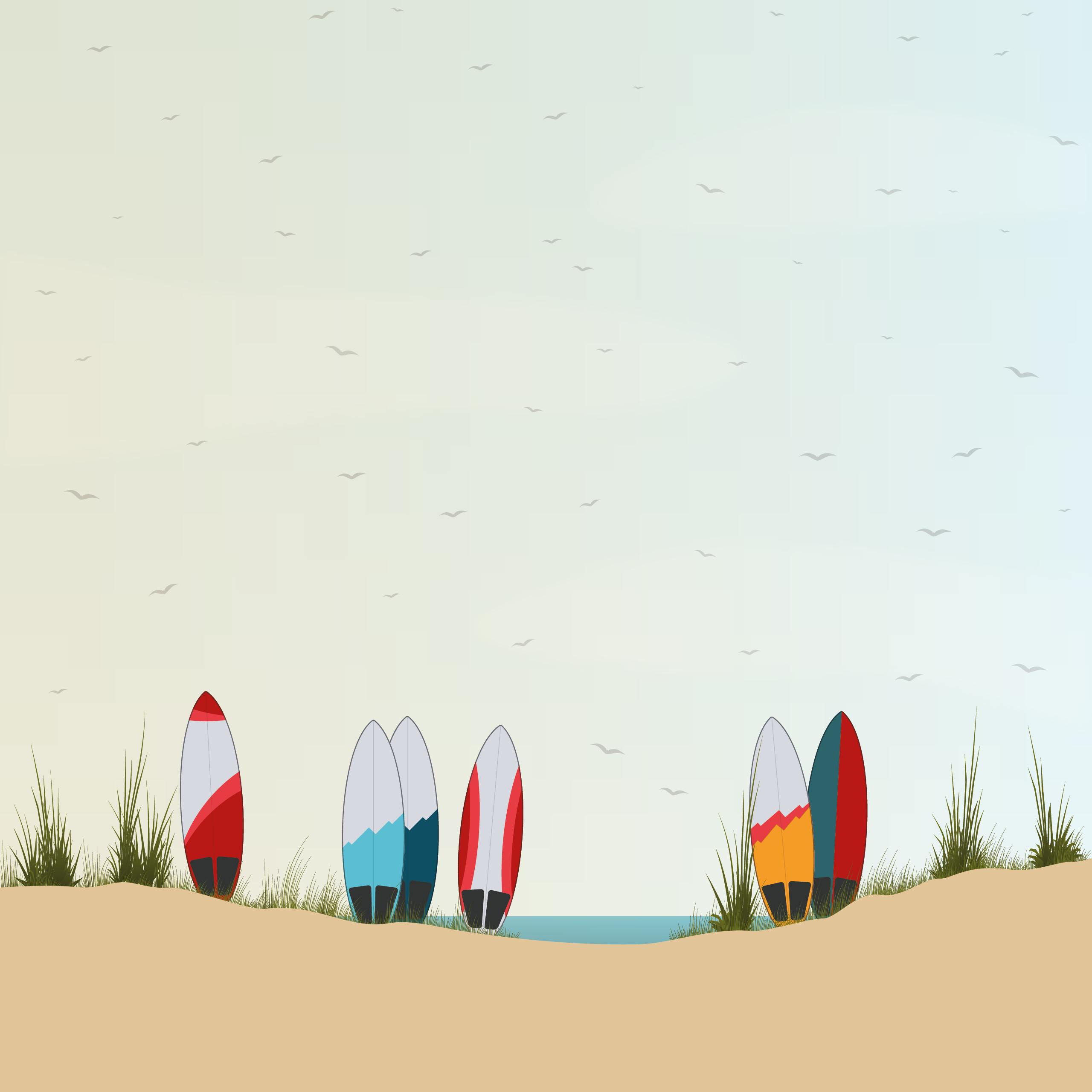 Colorful surf boards at the beach illustration by Xavier Wendling
